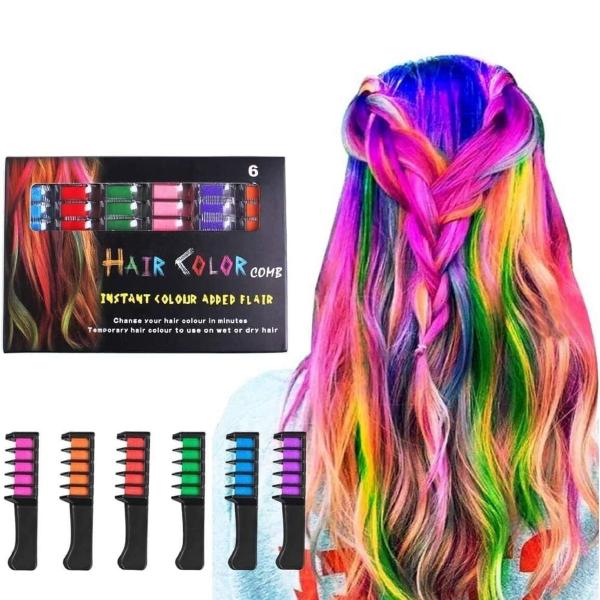 6 Pack Temporary Hair Colour Chalk Combs Washable Hair Dye Comb Set for Kids & Adults DIY Hair Colour for Parties Festivals & Cosplay