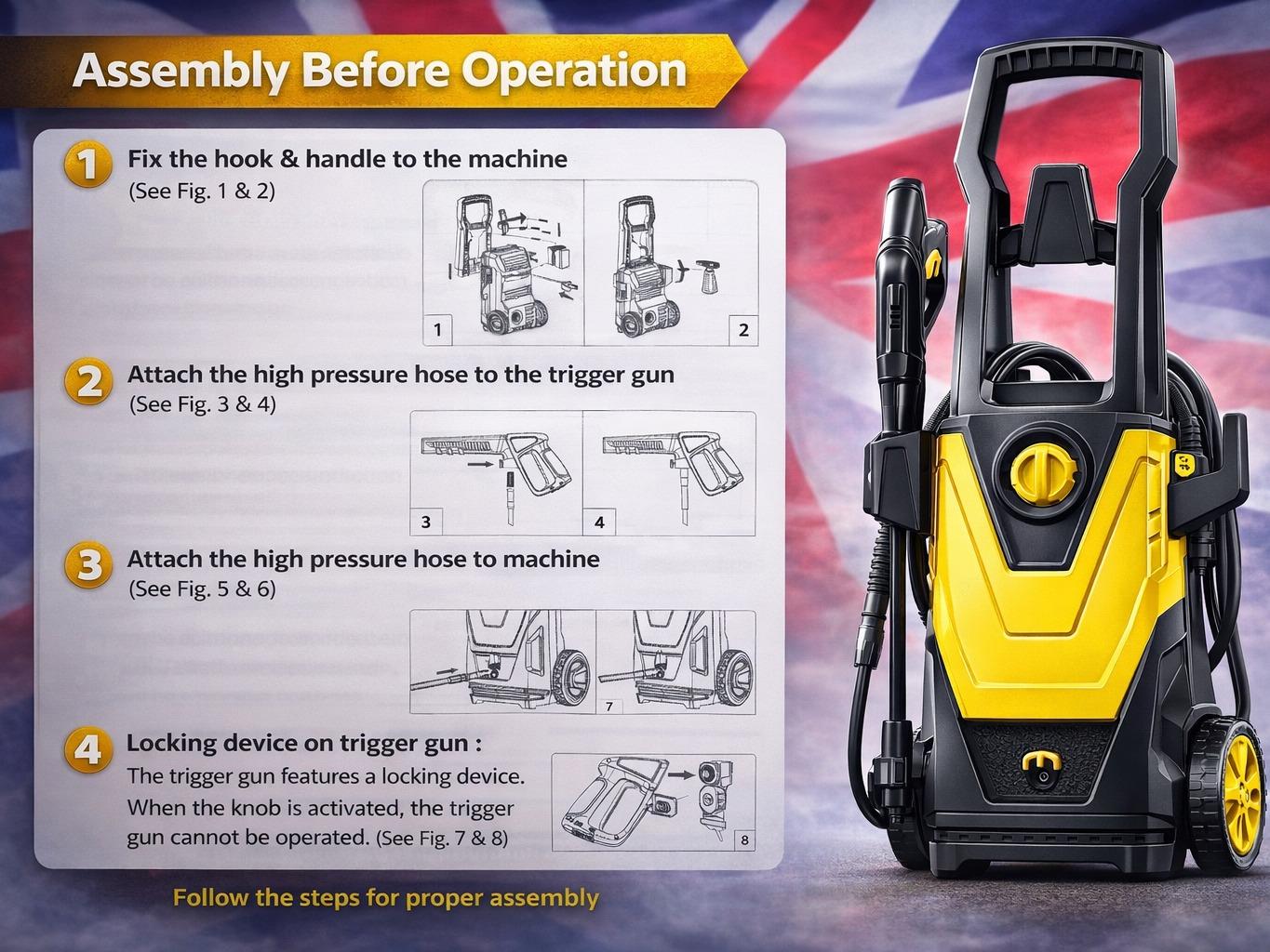 1400W High Pressure Washer 105 Bar Electric Jet Washer with Spray Gun, Hose & Detergent Bottle – Portable Car & Patio Cleaning Machine, Adjustable Nozzle, IPX5 Waterproof