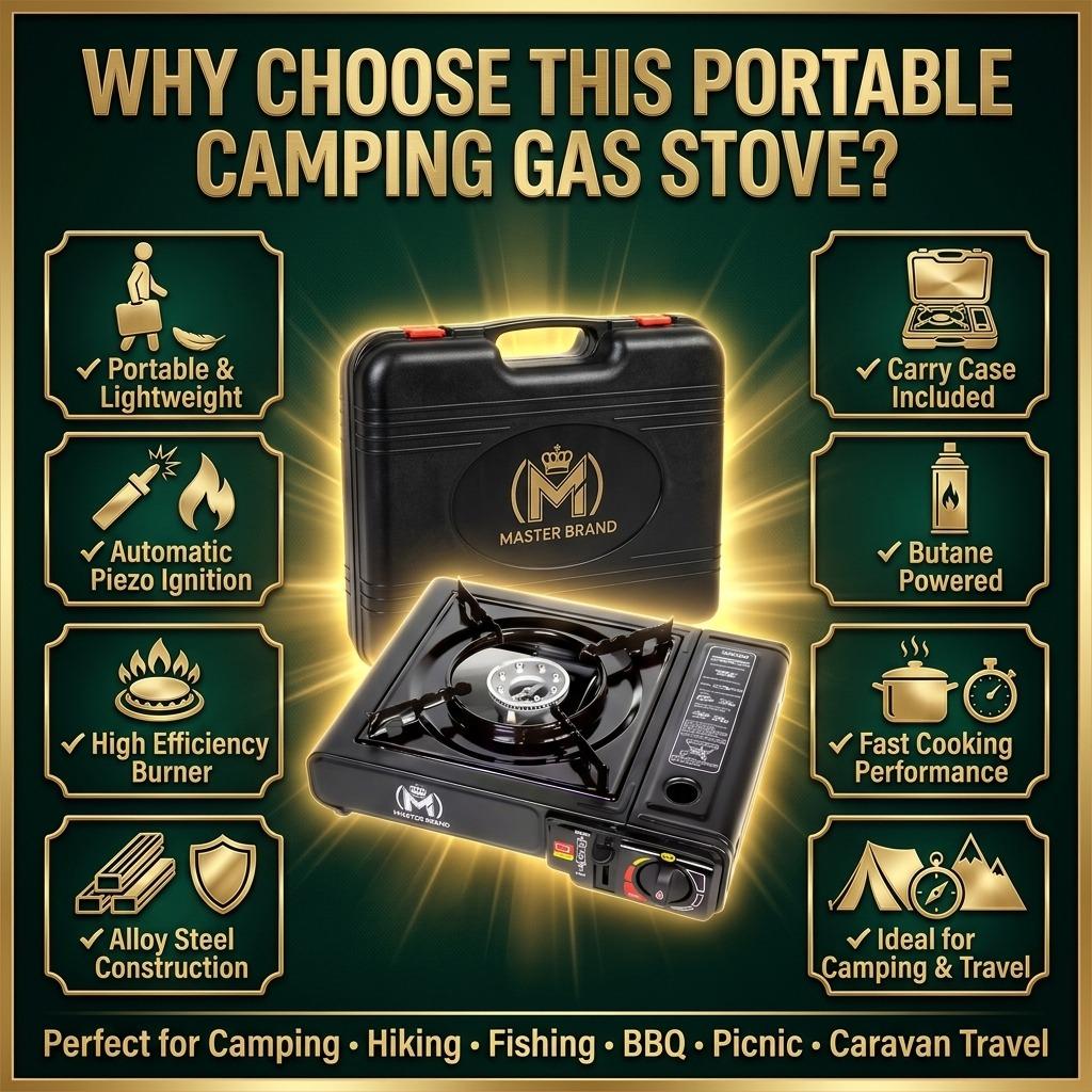 Portable Camping Gas Stove with Automatic Piezo Ignition Lightweight Butane Gas Cooker Outdoor Camping Stove with Carry Case for Hiking BBQ Fishing Picnic Travel 36 × 31 × 9 cm