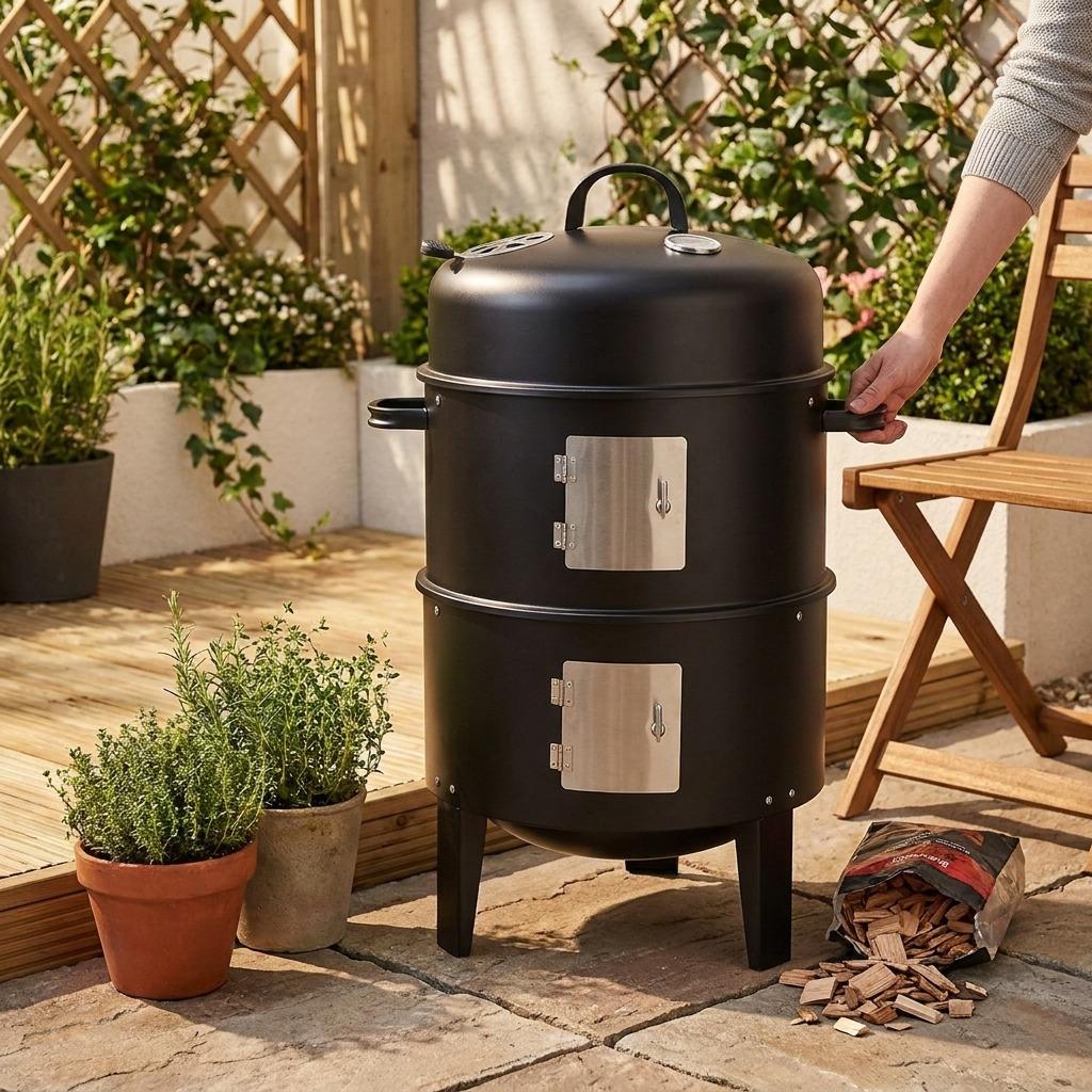 2-in-1 Charcoal BBQ Smoker & Fire Pit Outdoor Garden Grill with Temperature Gauge & Adjustable Air Vents