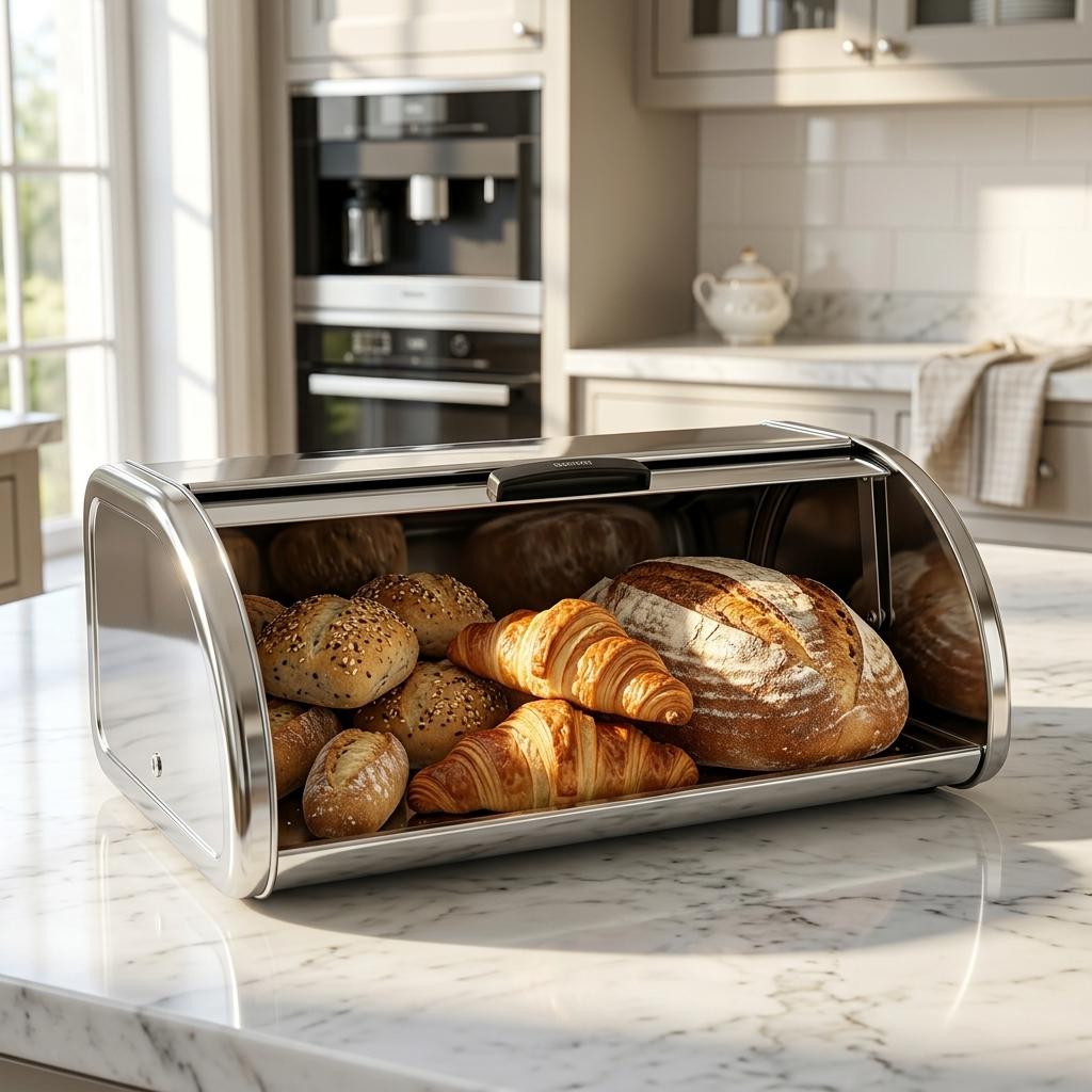 Stainless Steel Bread Bin Medium Chrome Finish Bread Storage Box for Kitchen Countertop Bread, Rolls & Baked Goods