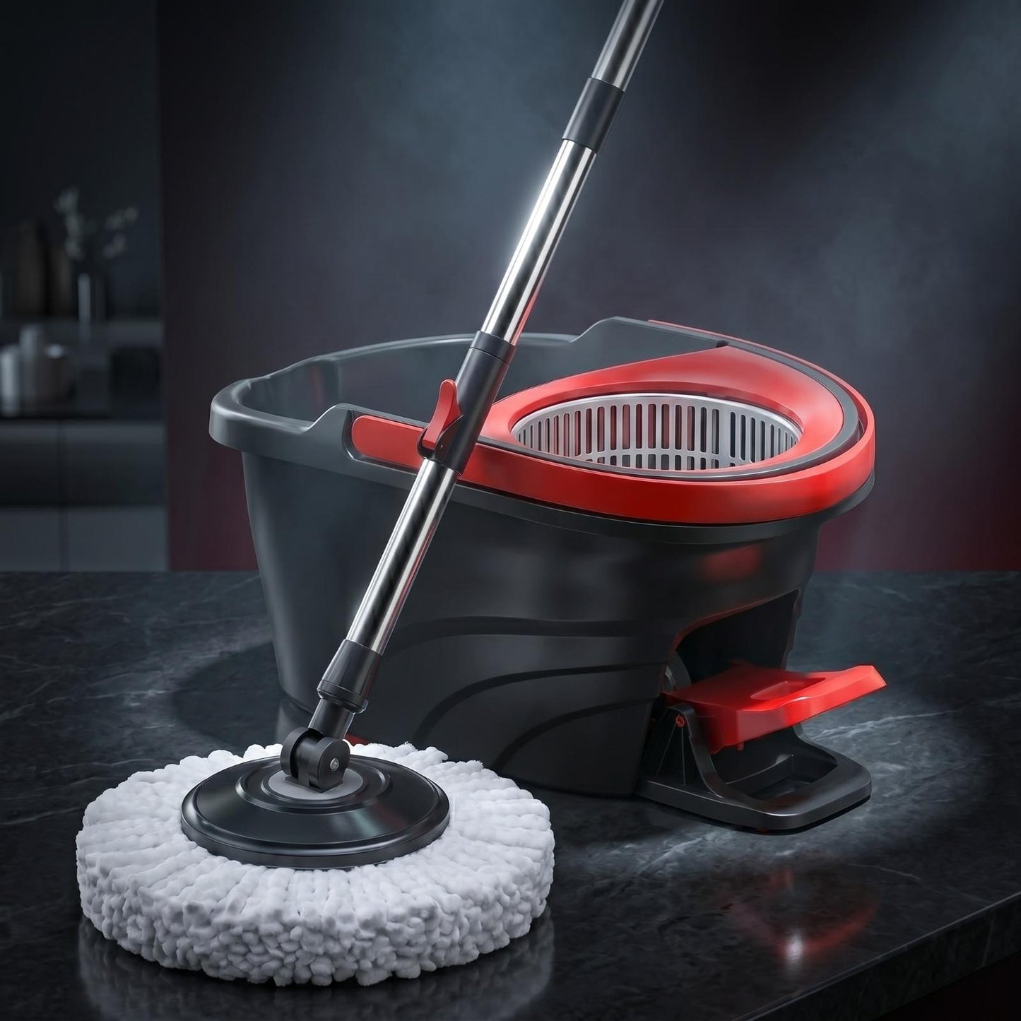 Deluxe Spin Mop and Bucket Set with Stainless Steel Handle Microfibre Mop Heads and Foot Pedal