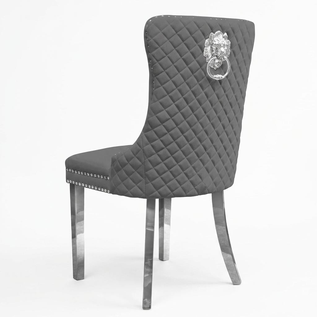 Velvet Dining Chair with Chrome Effect Door Knocker High Back Padded Seat Metal Legs Upholstered Dining Room Chair Single