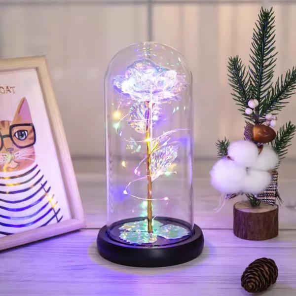 Light Up Artificial Rose in Glass Dome with LED Lights Decorative Flower Display Ornament Random Colour