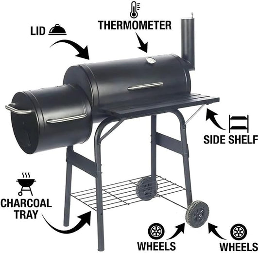 Outdoor Charcoal BBQ Grill with Rotisserie, Large Cooking Surface, Folding Side Tables & Wheels Heavy Duty Garden Barbecue Smoker for Patio, Backyard & Outdoor Cooking