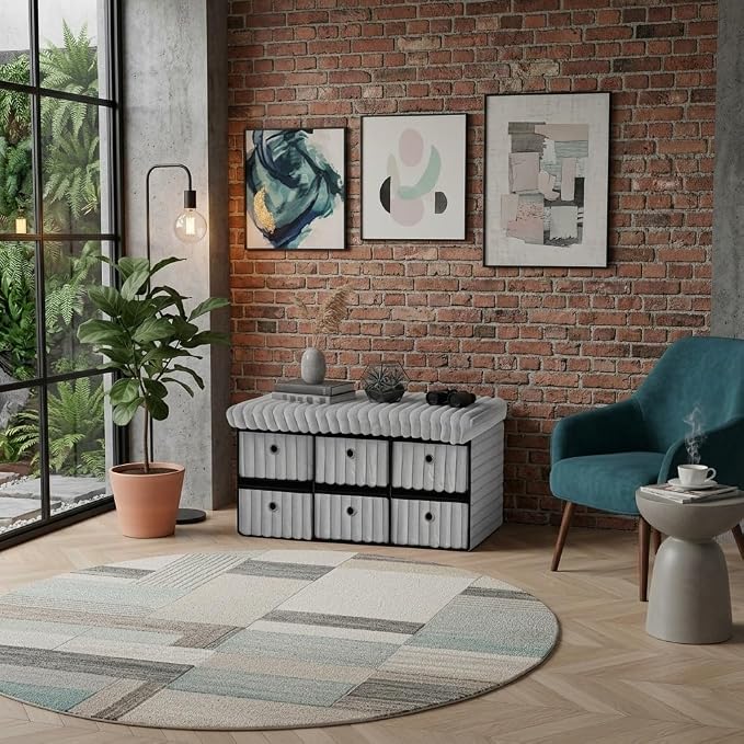 6 Drawer Ottoman Storage Bench with Velvet Cord Finish Fabric Storage Chest, Padded Footstool Seat, Multipurpose Bedroom, Living Room & Hallway