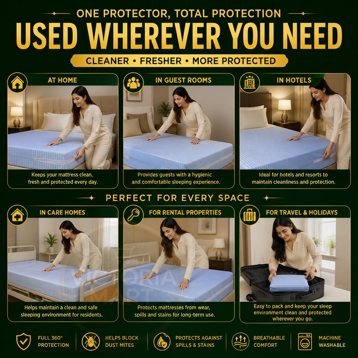 Satin Stripe Zipped Mattress Protector 30cm Deep Full Encasement Mattress Cover | Double Side Zip, Breathable & Hypoallergenic