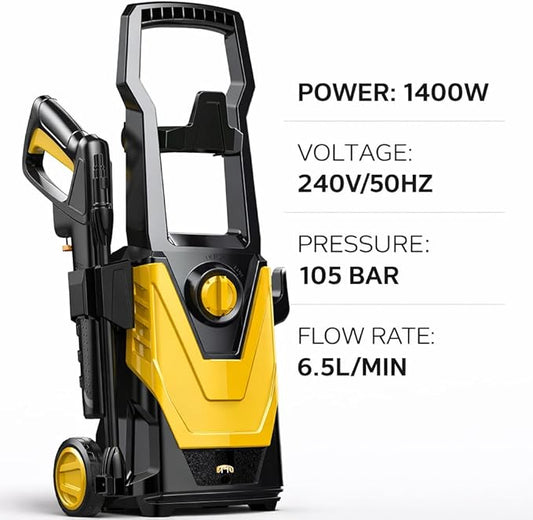 1400W Electric Pressure Washer 105 Bar Portable High Pressure Jet Washer with 6.5L/Min Water Flow, 5M Hose, Detergent Bottle & Auto Start/Stop for Car, Patio & Outdoor Cleaning
