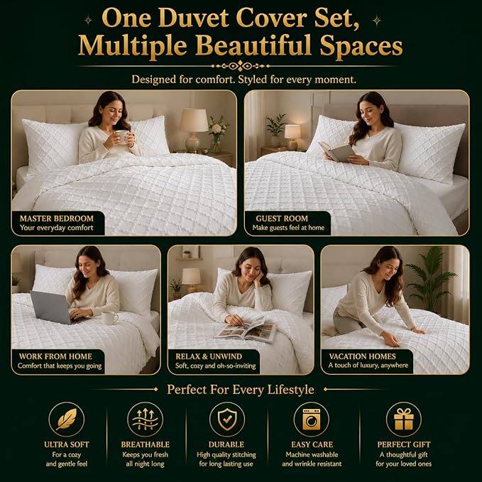 Double Duvet Cover Set Beige Tufted Bedding Set with 2 Pillowcases | Soft Textured Geometric Quilt Cover with Hidden Zip