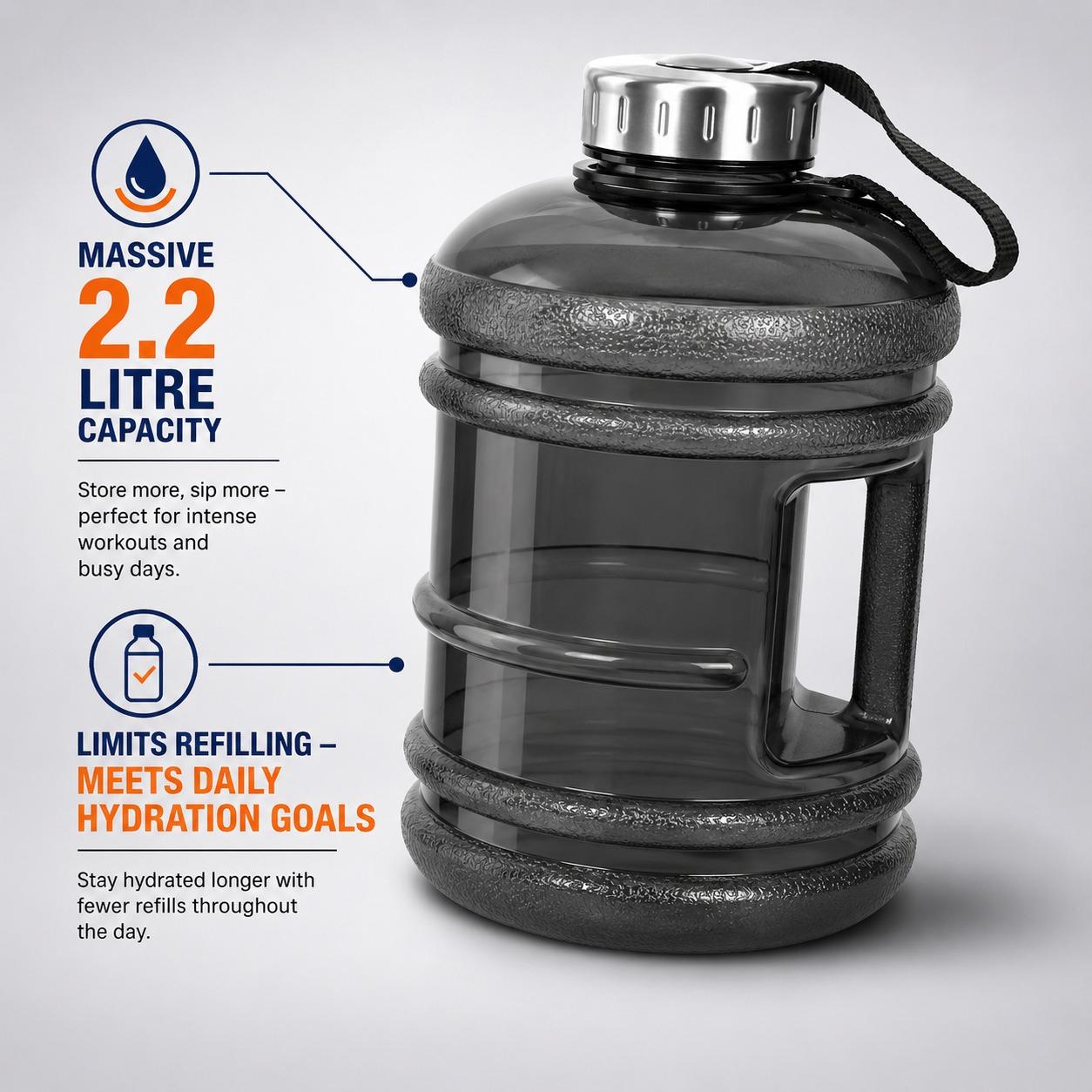Extra Large 2.2L Water Bottle for Gym Fitness Sports Leakproof BPA Free with Carry Handle Strap