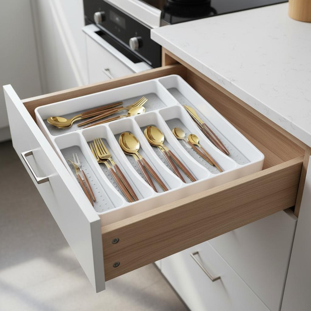 6 Compartment Drawer Organiser Tray – Non-Slip Cutlery & Utensil Storage Box for Kitchen or Office