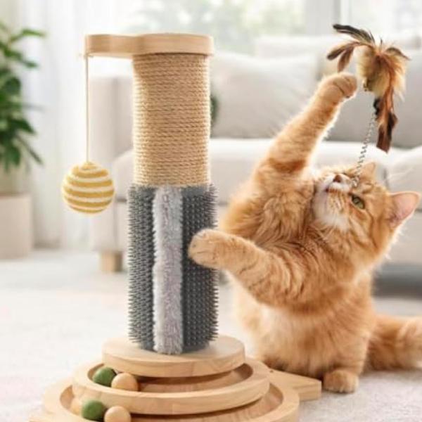 5-in-1 Wooden Cat Scratching Tower with Sisal Ramps & Interactive Balls β Indoor Cat Activity & Lounge Station