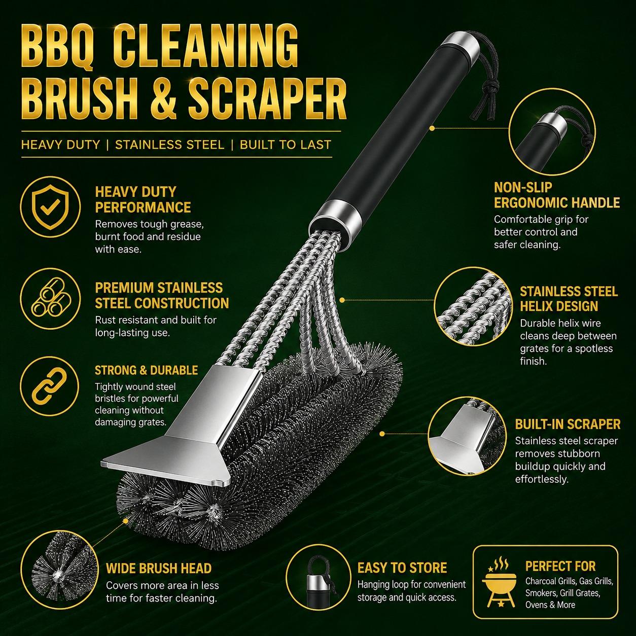 44cm BBQ Cleaning Brush & Scraper Stainless Steel Grill Brush with Non-Slip Ergonomic Handle for Charcoal & Gas BBQ Grills
