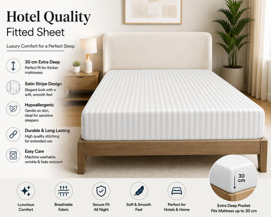 Hotel Quality Fitted Sheet 30 cm Extra Deep Satin Stripe Fitted Bed Sheets Hypoallergenic Durable and Easy Care Bedding Sheet