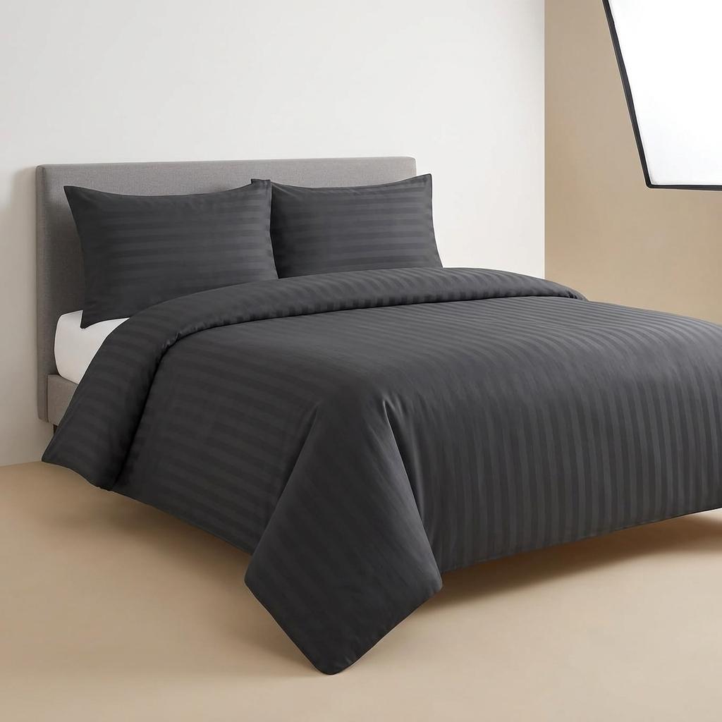 Premium Hotel Quality PolyCotton Satin Stripe Duvet Cover Set with Pillowcases Quilt Bedding Soft Easy Care Luxury Bed Linen
