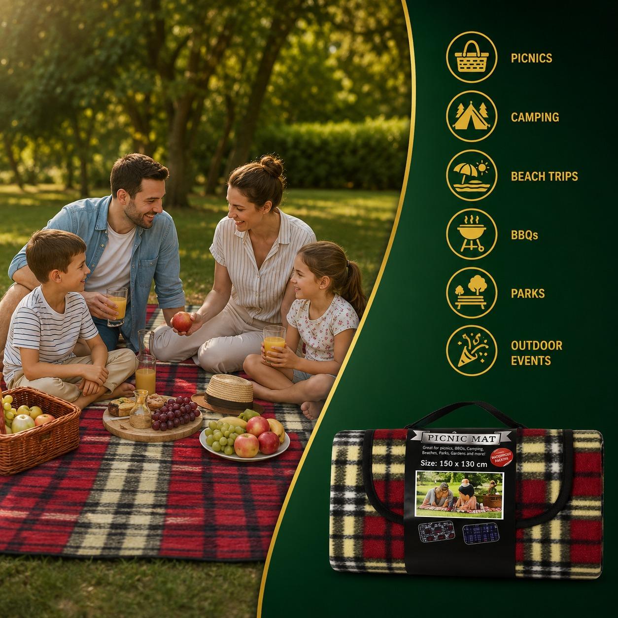 Waterproof Picnic Blanket Mat 150x130cm Foldable Outdoor Fleece Blanket with Carry Handle for Beach Camping BBQ