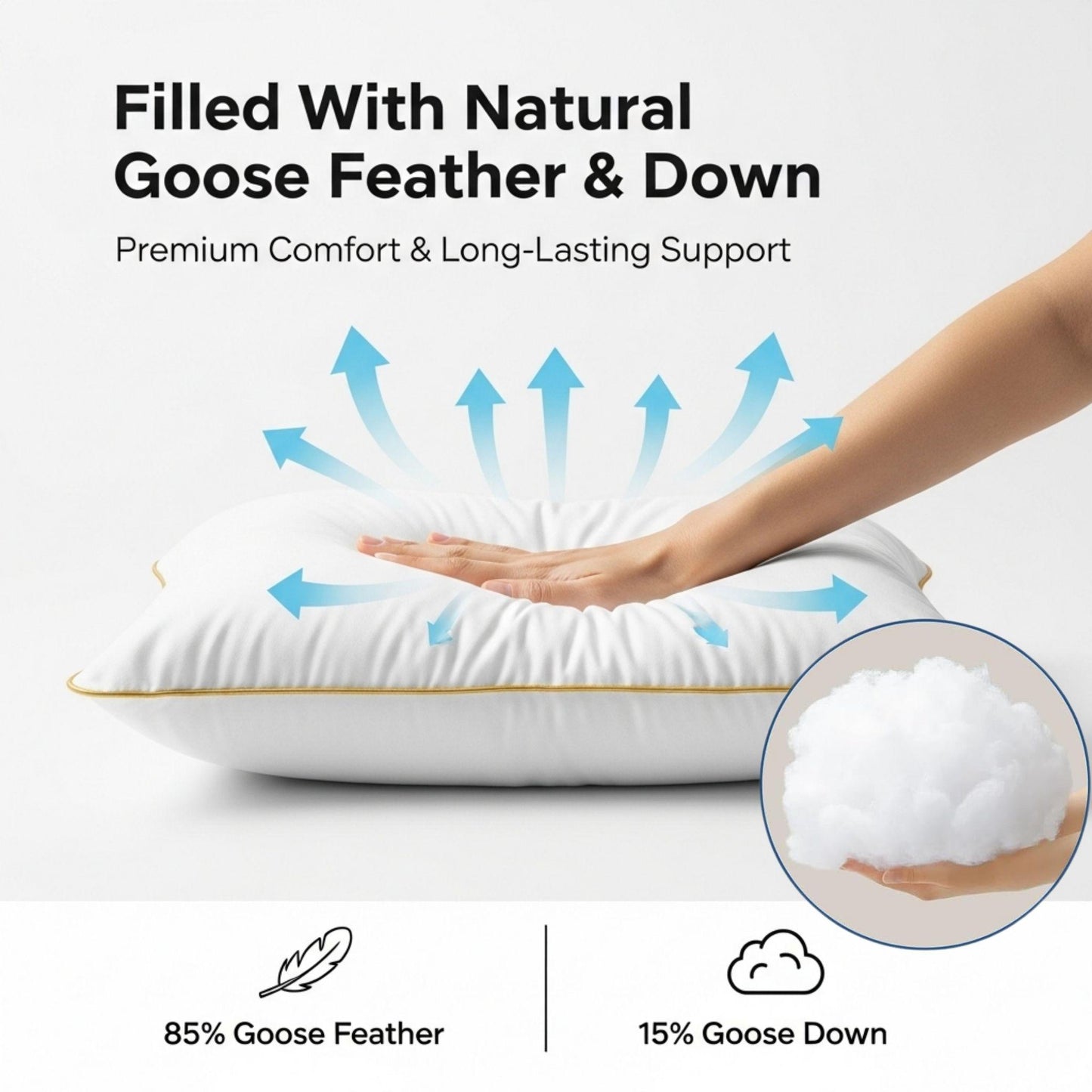 Luxury Goose Feather & Down Pillows 85% Feather 15% Down Anti-Allergy Soft Support UK Size 48x74cm (Pack of 2 / 4)
