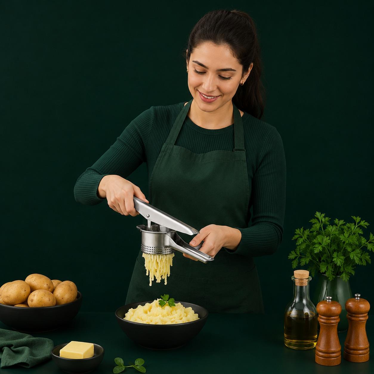 Stainless Steel Potato Ricer & Masher with Non-Slip Handle, Heavy Duty Handheld Potato Press for Smooth Mashed Potatoes, Vegetable Ricer for Home Kitchen Cooking