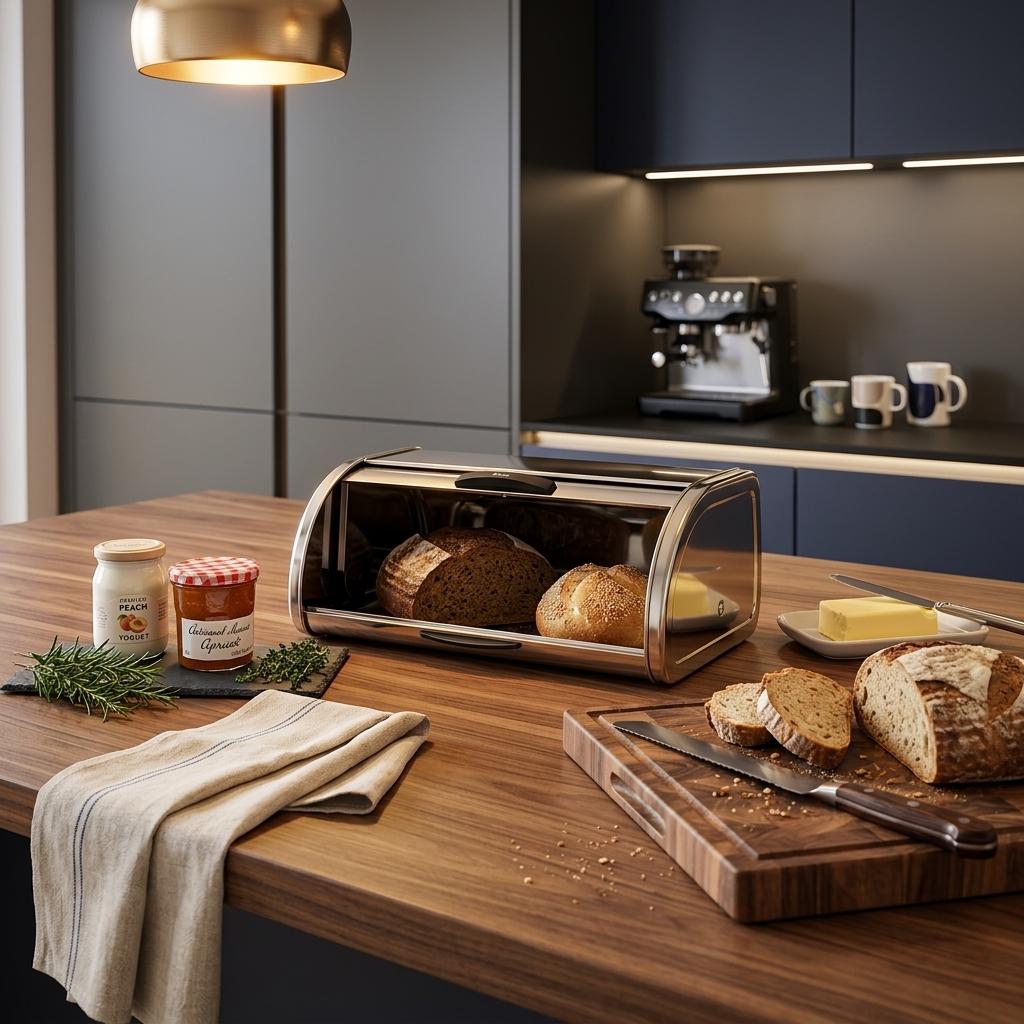 Stainless Steel Bread Bin Medium Chrome Finish Bread Storage Box for Kitchen Countertop Bread, Rolls & Baked Goods