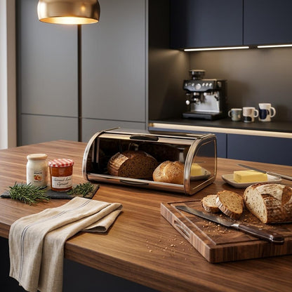 Stainless Steel Bread Bin Medium Chrome Finish Bread Storage Box for Kitchen Countertop Bread, Rolls & Baked Goods
