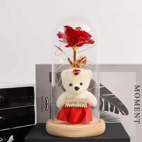 LED Light Up Rose in Glass Dome with Mini Teddy Bear Romantic Gift for Valentine’s Day Birthday Christmas Random Colour