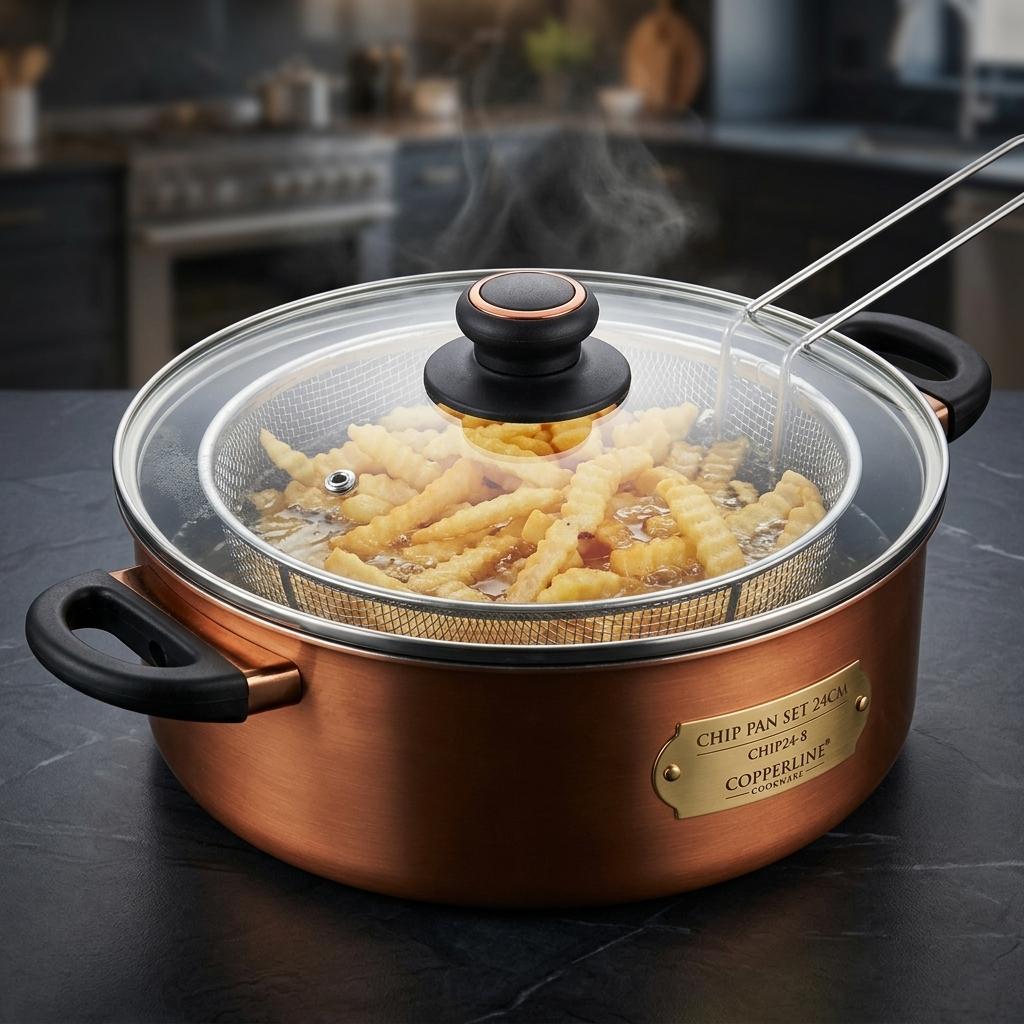24cm Non-Stick Deep Fryer Pan Set with Basket, Glass Lid & Chopsticks Multi-Purpose Cooking Pot