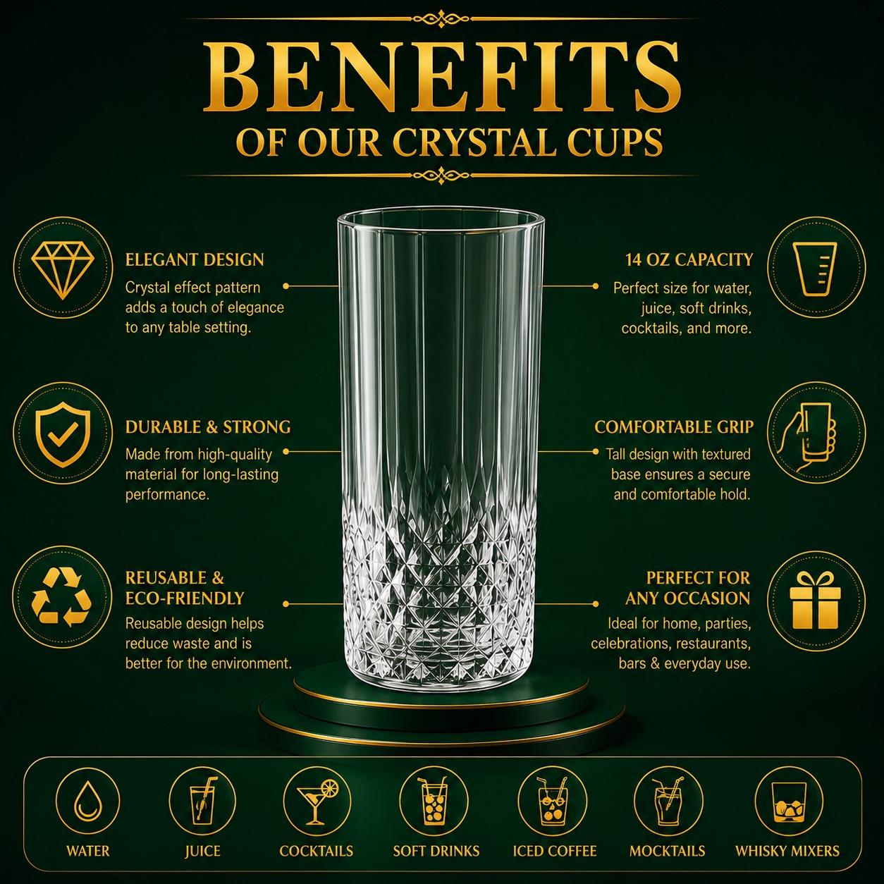 Set of 6 Crystal Effect Drinking Glasses 14oz – Long Highball Tumblers, Reusable Plastic Cups for Parties, Juice, Water & Cocktails
