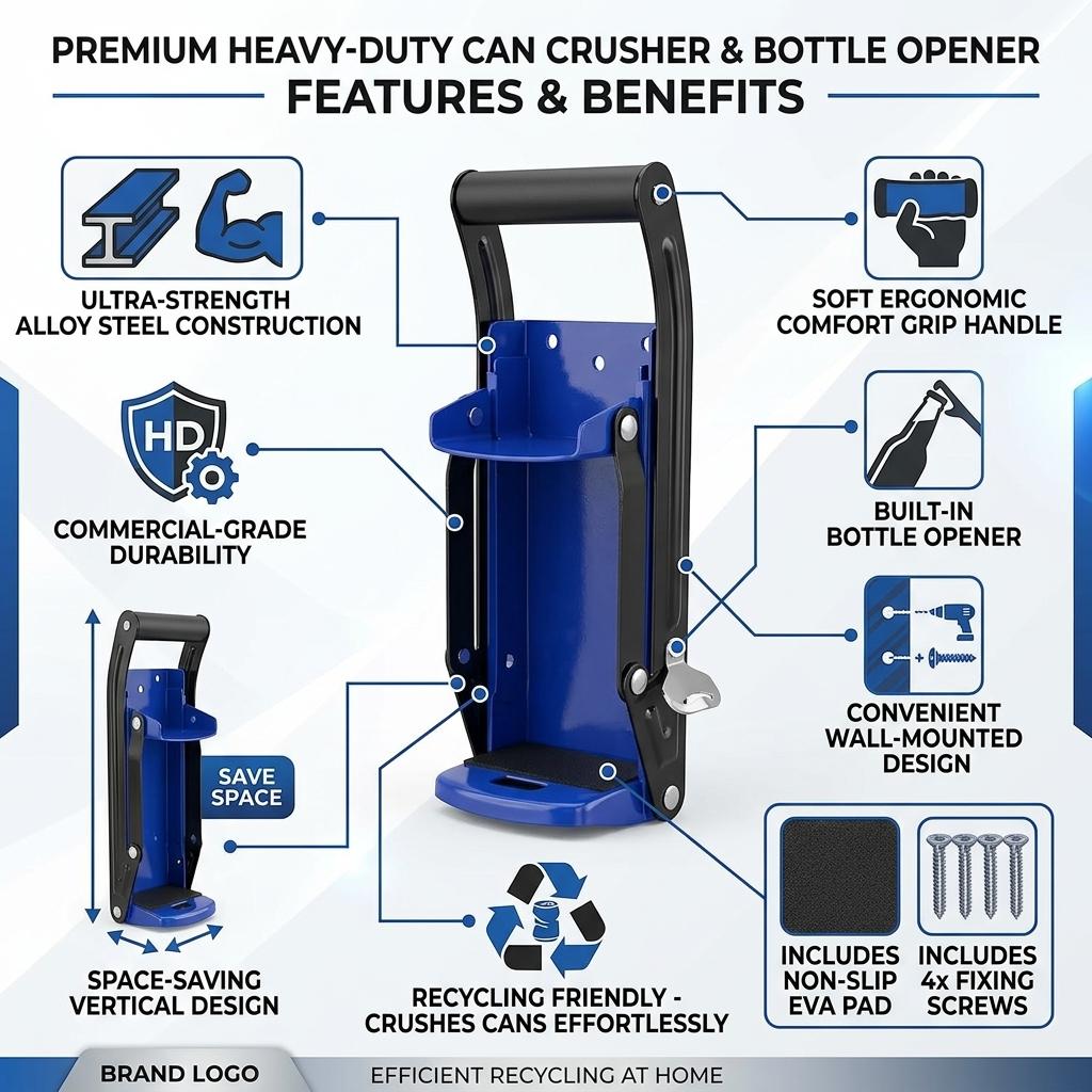 2 in 1 Wall Mounted Can Crusher & Bottle Opener Heavy Duty Metal Can Crusher with Soft Grip Handle Recycling Tool for Soda & Drink Cans Black & Blue