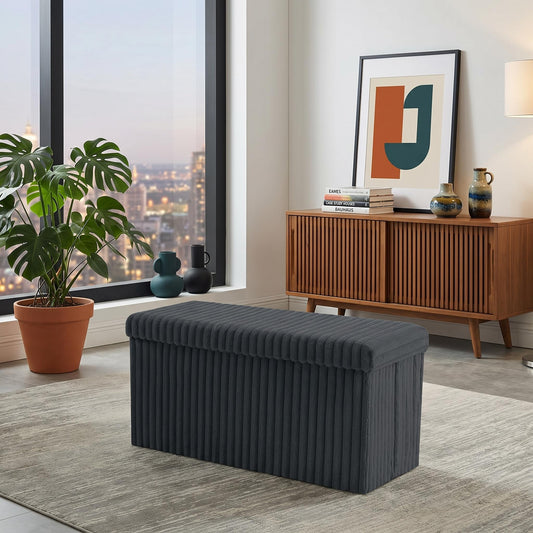 Ribbed Velvet Storage Ottoman Box with Lid – Foldable Footstool Seat & Home Storage Chest Large Size, 5 Colours)