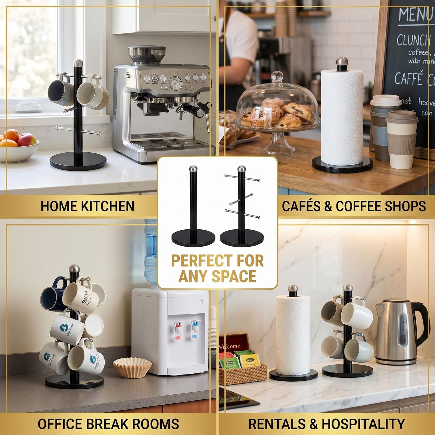 2 Pack Metal Mug Holder & Tissue Roll Stand Set | Powder Coated Kitchen Counter Organiser | Durable Cup Storage Rack UK