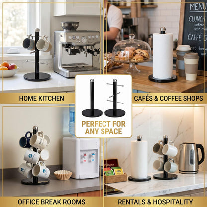 2 Pack Metal Mug Holder & Tissue Roll Stand Set | Powder Coated Kitchen Counter Organiser | Durable Cup Storage Rack UK