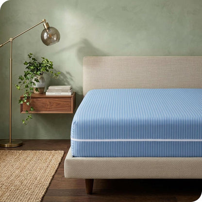 Satin Stripe Zipped Mattress Protector Double Side Zipper Closure Full Encasement Covers Anti Bed Bug Mattress Zip Protector 30cm Deep Matress Cover with Zip Blue and white
