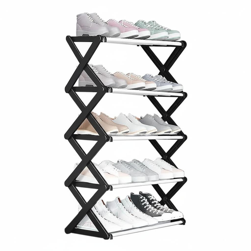 5-Tier Extendable Shoe Rack Space-Saving Adjustable Shoe Storage Organiser Size: 64 x 26 x 75 cm Black