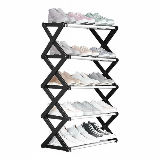 5-Tier Extendable Shoe Rack Space-Saving Adjustable Shoe Storage Organiser Size: 64 x 26 x 75 cm Black
