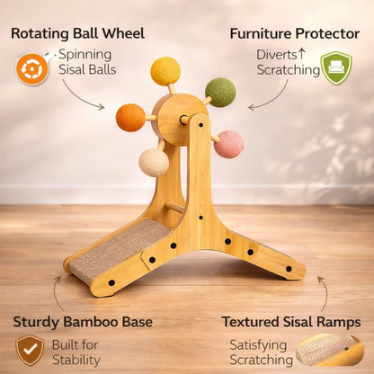 Rotating Ball Cat Scratcher with Sisal Board Wooden Interactive Cat Scratching Post &Toy Natural Bamboo Scratcher for Indoor Cats, Kittens & Small Pets