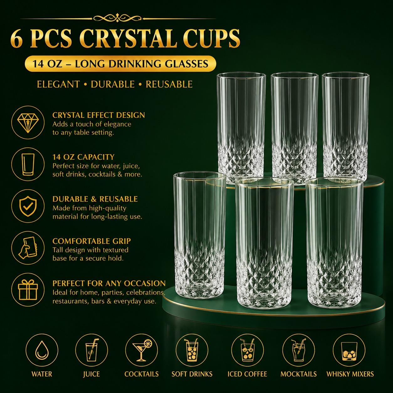 Set of 6 Crystal Effect Drinking Glasses 14oz – Long Highball Tumblers, Reusable Plastic Cups for Parties, Juice, Water & Cocktails