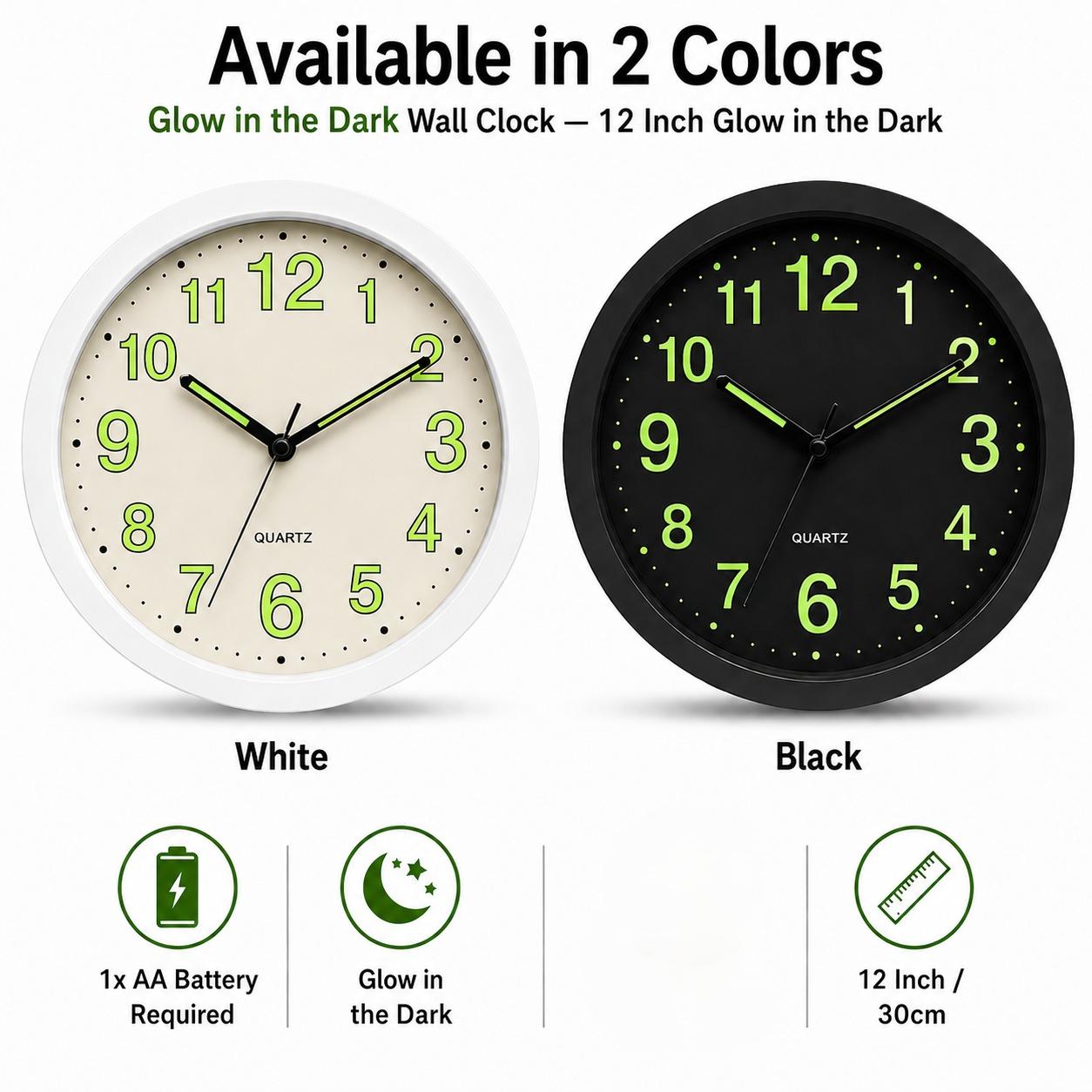 Glow in the Dark Wall Clock 30cm Luminous Numbers & Hands Silent Bedroom Clock Stylish Home Décor AA Battery UK