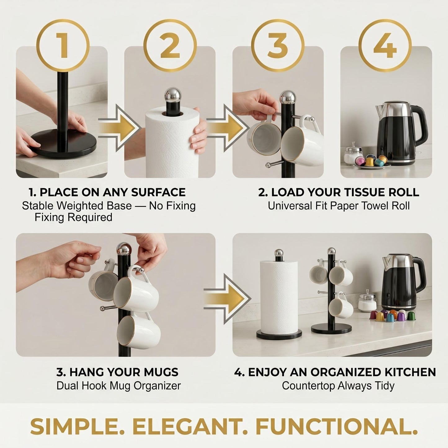 2 Pack Metal Mug Holder & Tissue Roll Stand Set | Powder Coated Kitchen Counter Organiser | Durable Cup Storage Rack UK