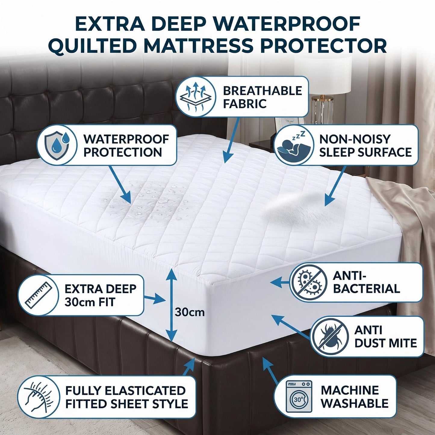 Quilted Mattress Topper Protector 30cm Extra Deep Fitted Mattress Cover Soft Breathable Mattress Pad Single Double King Super King