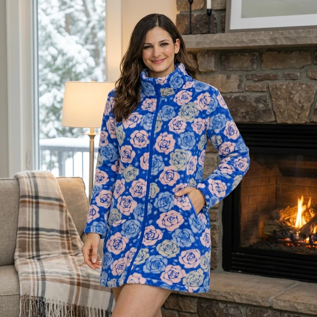 Ladies Tartan Check Fleece Dressing Gown Zip Up Housecoat Warm Robe with Pockets for Women