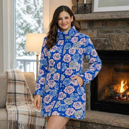 Ladies Tartan Check Fleece Dressing Gown Zip Up Housecoat Warm Robe with Pockets for Women