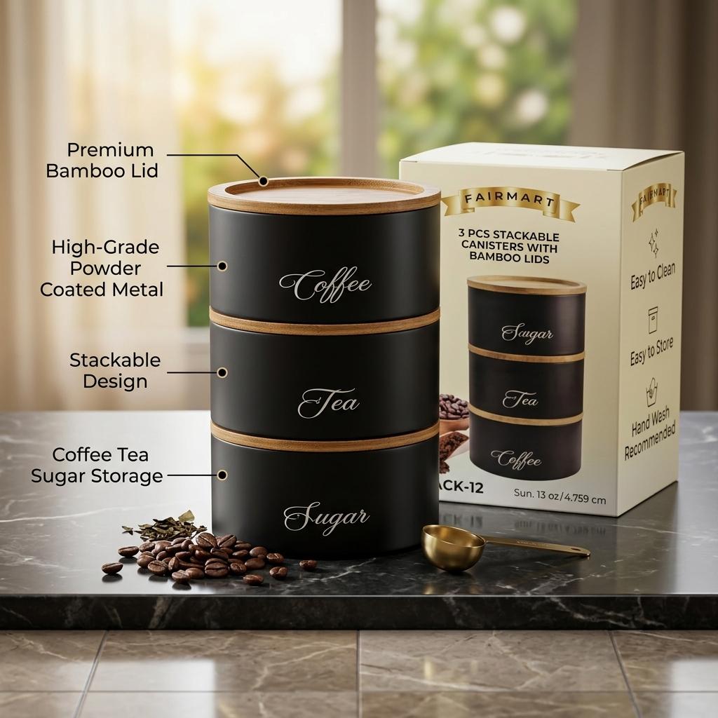 3 Piece Round Storage Canister Set Stackable Metal Kitchen Containers with Bamboo Lids for Tea, Coffee, Sugar & Pantry Storage