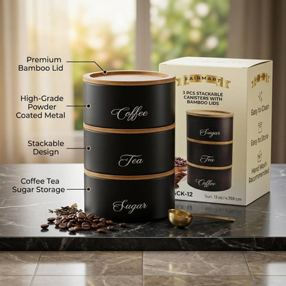 3 Piece Round Storage Canister Set Stackable Metal Kitchen Containers with Bamboo Lids for Tea, Coffee, Sugar & Pantry Storage