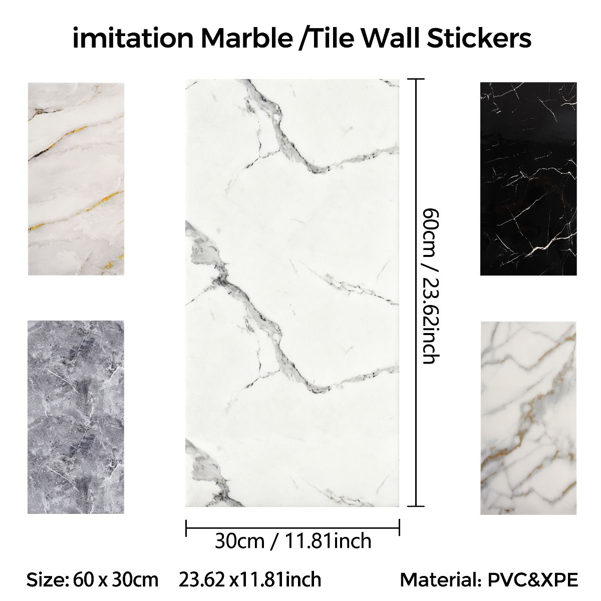 Waterproof Self-Adhesive Marble Wall Tiles Easy Fit Peel & Stick Kitchen Bathroom Panels 10 20 or 50 Pack 60L x 30W cm Lightweight Smooth Decoration