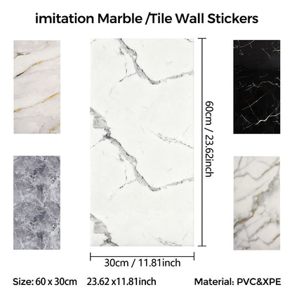Waterproof Self-Adhesive Marble Wall Tiles Easy Fit Peel & Stick Kitchen Bathroom Panels 10 20 or 50 Pack 60L x 30W cm Lightweight Smooth Decoration