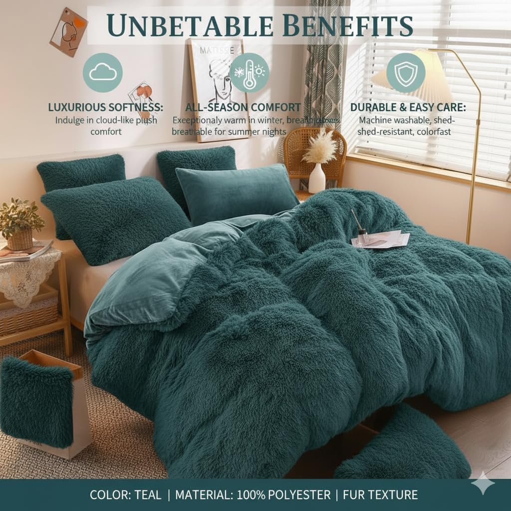 Teddy Fleece Bedding Set Snuggle Cuddle Hugg Snug Sherpa Duvet Cover with Pillowcase Super Soft Fluffy & Warm Thermal Winter Bed Set Teal