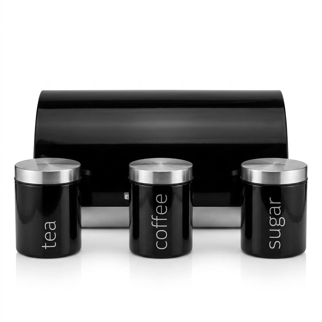 4 Piece Stainless Steel Bread Bin with Tea Coffee Sugar Canister Set Black Powder Coated Kitchen Storage Containers Modern Countertop Food Storage & Kitchen Organisation