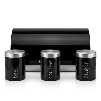 4 Piece Stainless Steel Bread Bin with Tea Coffee Sugar Canister Set Black Powder Coated Kitchen Storage Containers Modern Countertop Food Storage & Kitchen Organisation
