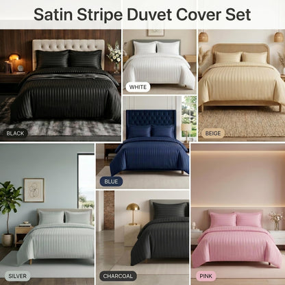 Premium Hotel Quality PolyCotton Satin Stripe Duvet Cover Set with Pillowcases Quilt Bedding Soft Easy Care Luxury Bed Linen
