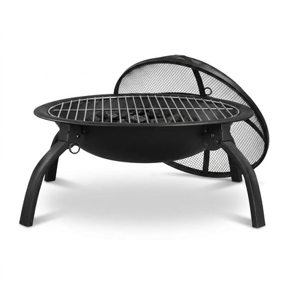 Round Foldable Fire Pit with Grill – Portable Outdoor Fire Bowl BBQ with Mesh Spark Guard, Steel Patio Heater for Garden, Camping & Beach